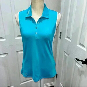 Adidas sleeveless, vented, 2 tone, teal and white, 1/4 button, golf shirt
